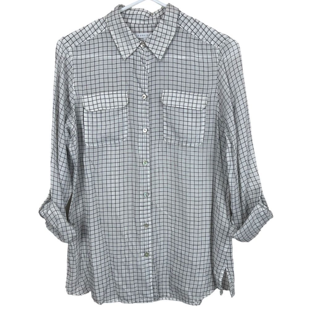Foxcroft Black White Women size 6 Button Front Shirt Grid Pattern